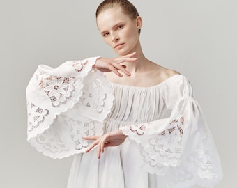 Linen Lace Wedding Dress: Off-Shoulder Boho Bridal Gown - Custom Size Available