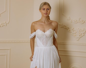 Top Neckline Chiffon A-Line Gown - Strapless Sweetheart Wedding Dress - Minimalist Bridal Gown High Slit