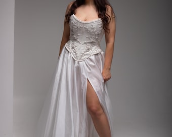 Satin Wedding Dress with Beaded Lace Bodice and Slit -Plus Size Available