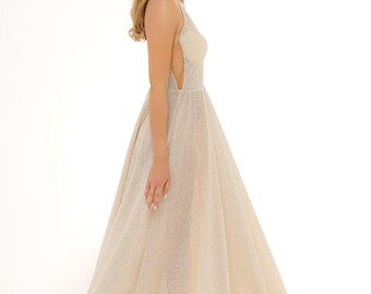 Deep V Bridal Gown : Sparkle Tulle Dress - Sleeveless A Line Bride Outfit - Modern Bride Style