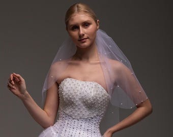 Soft Tulle Bridal Veil : Pearl Embellished Edge - Clean Bridal Accessory - Contemporary Wedding Veil - Elegant Bride Veil