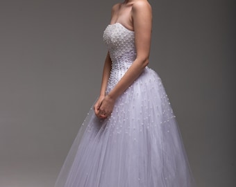 Pearl Embellished Tulle Ball Gown, Strapless Corset Bodice Wedding Dress