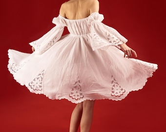 Eyelet Linen Wedding Dress: Off Shoulder Midi Bridal Gown