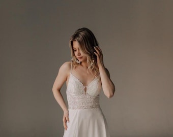 Lace Bodice Satin Wedding Dress: Minimalist Bridal Gown