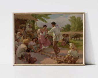 Tinikling Dance I Painting, Printable Amorsolo Filipino Art, Philippines Vintage Art Print, Philippines Printable Decor, Filipino Wall Art