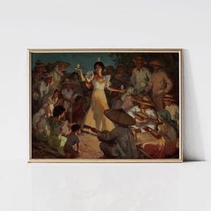 May include: A vintage painting depicting a group of people gathered around a woman in a white dress, dancing in a circle. The woman is holding a lit candle in her hand. The people are dressed in traditional clothing and are smiling and laughing. The painting is set in a rural setting with trees and a blue sky in the background.