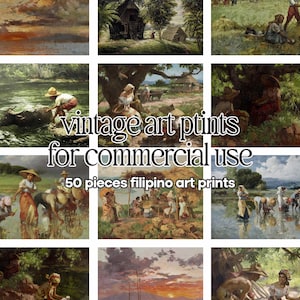 Könnte beinhalten: Eine Sammlung von 50 philippinischen Kunstdrucken mit verschiedenen ländlichen Szenen, Landschaften und Alltagsszenen. Der Text vintage art prints for commercial use und 50 pieces filipino art prints ist über das Raster der Bilder gelegt.