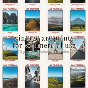 Könnte beinhalten: Eine Sammlung von zwölf Vintage-Kunstdrucken mit philippinischen Landschaften und Wahrzeichen. Jeder Druck hat einen cremefarbenen Hintergrund mit einem rechteckigen Bild und dem Text "LAS FILIPINAS". Die Drucke zeigen Bilder von Stränden, Bergen und Stadtlandschaften.