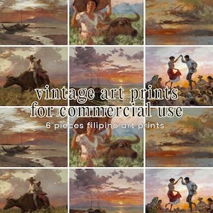 May include: A collection of six vintage Filipino art prints. The images depict scenes of rural life, including people with water buffalo, dancing figures, and coastal landscapes with boats. The text on the image reads "vintage art prints for commercial use".