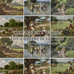 Pode incluir: Uma coleção de seis impressões artísticas com paisagens rurais e cenas agrícolas com figuras em trajes tradicionais. O texto "vintage art prints for commercial use" e "6 pieces filipino art prints" está sobreposto nas imagens.