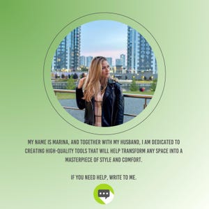 May include: A woman in a black leather jacket and plaid shirt stands in front of a cityscape. The image is framed by a green gradient circle. Text at the bottom reads: "MY NAME IS MARINA...IF YOU NEED HELP, WRITE TO ME."