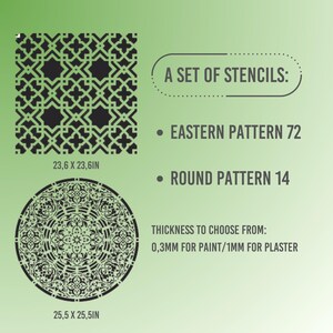 May include: A set of stencils featuring an Eastern pattern and a round pattern. The Eastern pattern measures 23.6 x 23.6 inches, and the round pattern is 25.5 x 25.5 inches. Thickness options are 0.3mm for paint or 1mm for plaster.