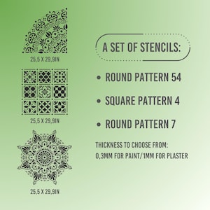 May include: A set of black stencils with various patterns, including a quarter-circle design, a grid of squares, and a circular mandala. The stencils measure 10 x 11.8 inches. Text on the image reads "A SET OF STENCILS: ROUND PATTERN 54, SQUARE PATTERN 4, ROUND PATTERN 7".
