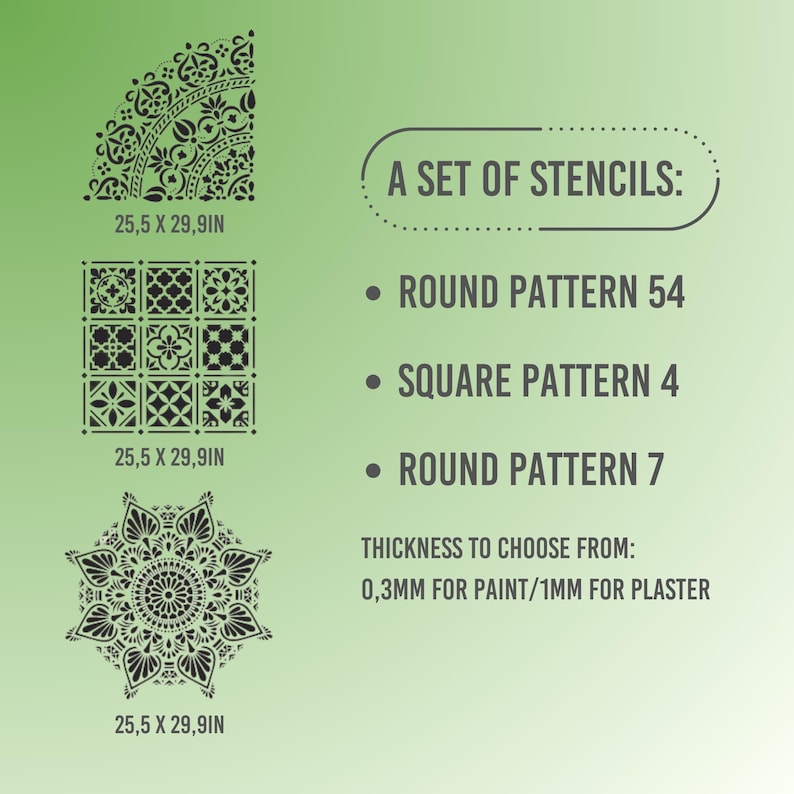 May include: A set of black stencils with various patterns, including a quarter-circle design, a grid of squares, and a circular mandala. The stencils measure 10 x 11.8 inches. Text on the image reads "A SET OF STENCILS: ROUND PATTERN 54, SQUARE PATTERN 4, ROUND PATTERN 7".