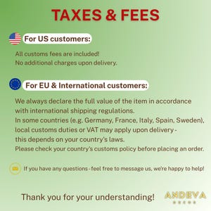 May include: Image with the text "TAXES & FEES". It provides information for US and international customers regarding customs fees and VAT. The text is in red and white on a green background.