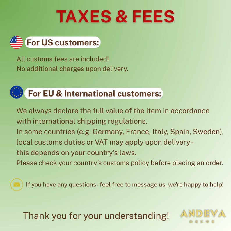 May include: Image with the text "TAXES & FEES". It provides information for US and international customers regarding customs fees and VAT. The text is in red and white on a green background.