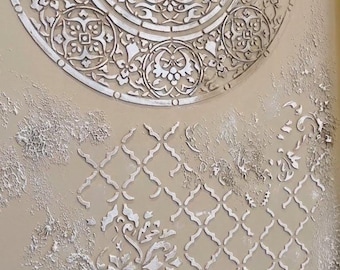 3 Large Wall Stencils Set: Moroccan, Damask, Geometric, Roung Patterns