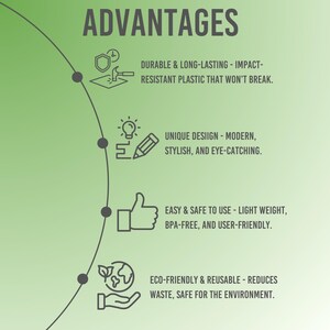 Peut inclure: Infographie avec le titre "AVANTAGES". Le texte d&eacute;crit les avantages d'un produit : durable, design unique, facile &agrave; utiliser et respectueux de l'environnement. Le fond est un d&eacute;grad&eacute; de vert.