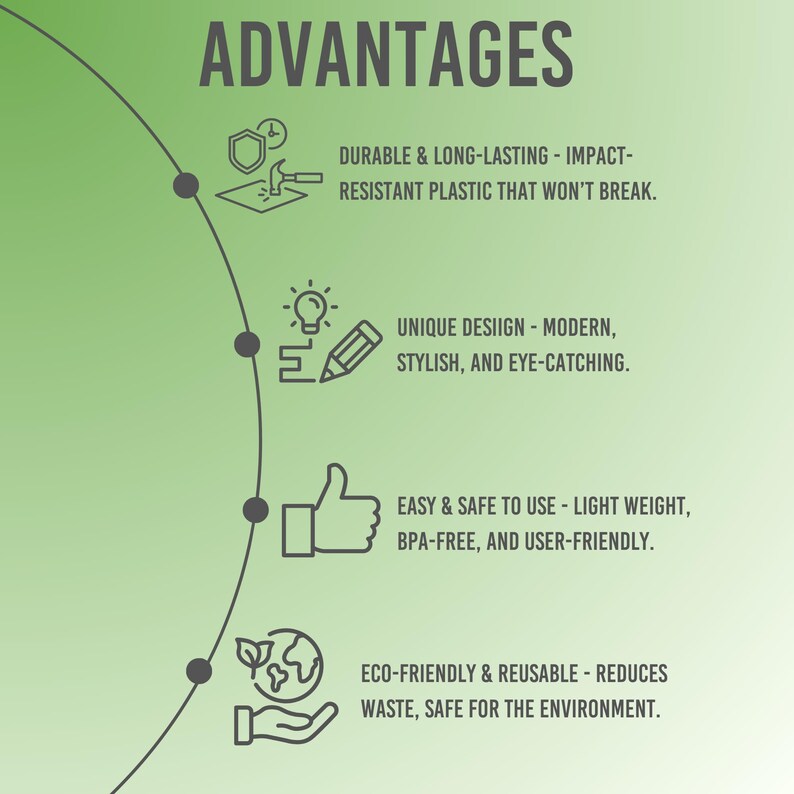 Peut inclure: Infographie avec le titre "AVANTAGES". Le texte d&eacute;crit les avantages d'un produit : durable, design unique, facile &agrave; utiliser et respectueux de l'environnement. Le fond est un d&eacute;grad&eacute; de vert.