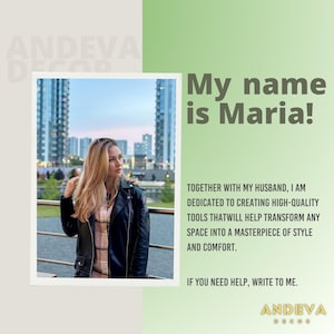 Peut inclure: Image promotionnelle pour Andeva Decor. Une femme en veste en cuir noire et chemise &agrave; carreaux est photographi&eacute;e. Le texte dit "My name is Maria!" et d&eacute;crit l'engagement de l'entreprise &agrave; cr&eacute;er des outils de haute qualit&eacute; pour la d&eacute;coration int&eacute;rieure.