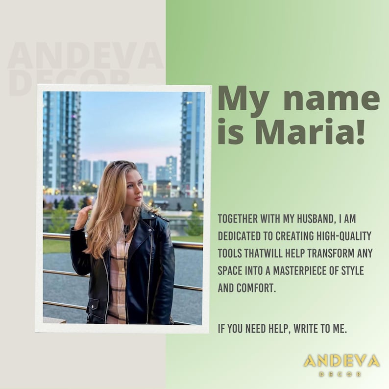 Peut inclure: Image promotionnelle pour Andeva Decor. Une femme en veste en cuir noire et chemise &agrave; carreaux est photographi&eacute;e. Le texte dit "My name is Maria!" et d&eacute;crit l'engagement de l'entreprise &agrave; cr&eacute;er des outils de haute qualit&eacute; pour la d&eacute;coration int&eacute;rieure.