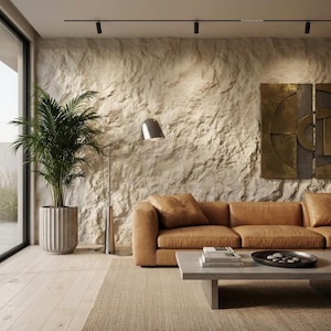 Op de afbeelding: Een moderne woonkamer met een bruine leren bank, een betonnen salontafel en een hoge zilveren vloerlamp. Een grote plant in een pot staat bij een raam en de getextureerde muur voegt een natuurlijk element toe. De kamer wordt verlicht door rails met spots.