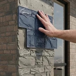 Può includere: Un pannello di rivestimento in pietra rettangolare grigio scuro con una superficie strutturata a blocchi multipli. Il pannello è posizionato contro una superficie murale verticale caratterizzata da una finitura in muratura di pietra grezza marrone.