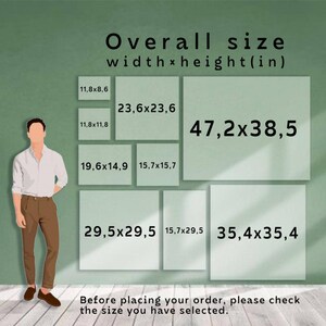 May include: A visual guide displaying various square and rectangular sizes, with dimensions in inches, against a green backdrop. The text "Overall size width x height (in)" is at the top. A person is standing to the left. The text "Before placing your order, please check the size you have selected" is at the bottom.