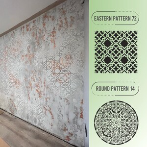 May include: A large wall with a distressed, textured finish in shades of gray and copper. The wall features a repeating geometric pattern. The image also shows two stencil designs: "Eastern Pattern 72" and "Round Pattern 14".