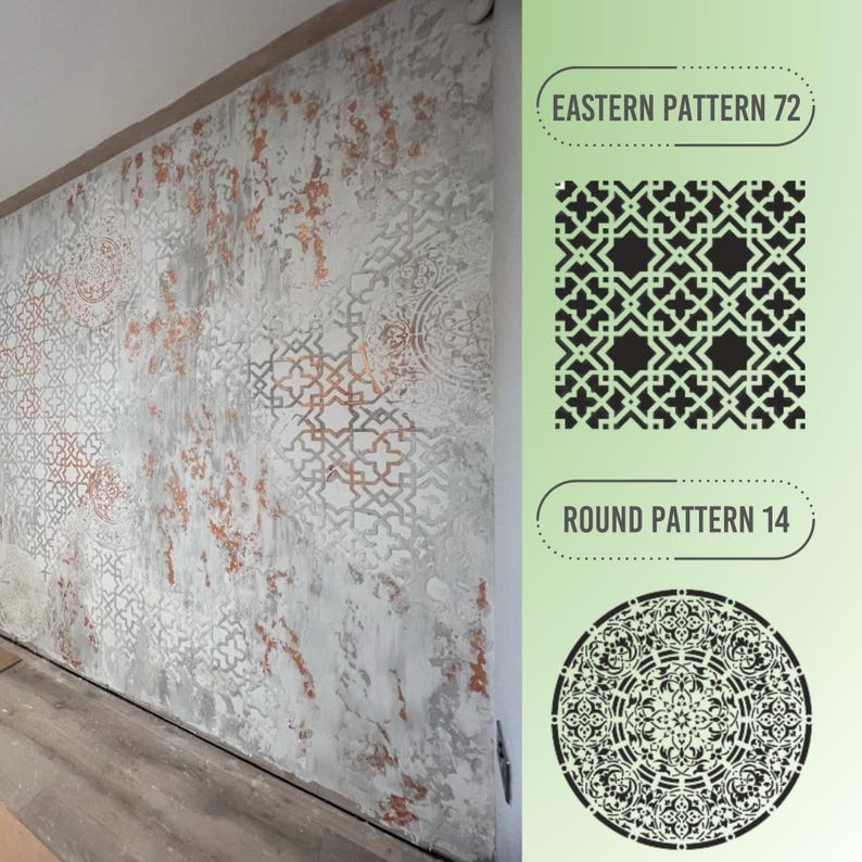 May include: A large wall with a distressed, textured finish in shades of gray and copper. The wall features a repeating geometric pattern. The image also shows two stencil designs: "Eastern Pattern 72" and "Round Pattern 14".