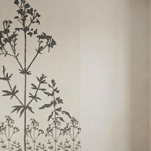 Può includere: Stampa botanica con un'illustrazione dettagliata di steli e foglie di piante in grigio scuro. Il design è ambientato su uno sfondo bianco sporco strutturato, creando un contrasto. L'opera d'arte evoca un tema naturale e organico.