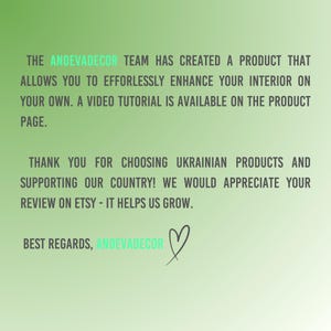 May include: A green gradient background with white text. The text reads: "THE ANDEVADECOR TEAM HAS CREATED A PRODUCT THAT ALLOWS YOU TO EFFORTLESSLY ENHANCE YOUR INTERIOR ON YOUR OWN. A VIDEO TUTORIAL IS AVAILABLE ON THE PRODUCT PAGE."