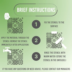 Peut inclure: Un graphique vert avec des instructions pour l'application d'un pochoir. Le texte indique "Instructions br&egrave;ves" et comprend des &eacute;tapes num&eacute;rot&eacute;es : fixer le pochoir, appliquer le mat&eacute;riau et rincer &agrave; l'eau ti&egrave;de. Des motifs de pochoirs d&eacute;coratifs sont pr&eacute;sent&eacute;s.
