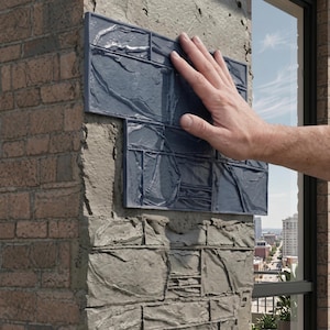 May include: A rectangular dark blue wall panel with a textured, multi-layered stone pattern. The panel features a raised, irregular surface that mimics the appearance of stacked natural stone blocks, designed for application onto a vertical wall surface.