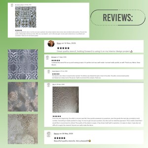 May include: A green background with customer reviews for stencils. The reviews include images of the stencils and comments about their quality and ease of use. The reviews are dated from May 2025 to January 2026.