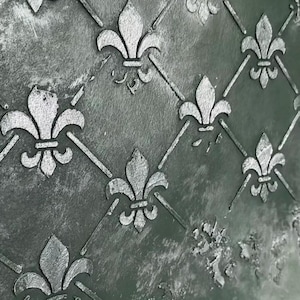 May include: Close-up of a textured, dark gray surface with a repeating pattern of silver fleur-de-lis and diamond grid lines. The design has a distressed, aged appearance, with some areas showing wear and tear.