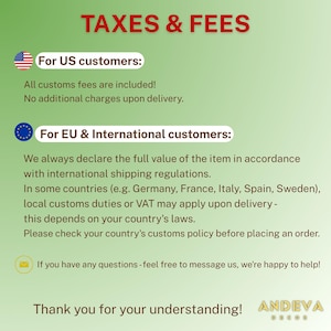 Peut inclure: Image avec le texte "TAXES & FEES". Il fournit des informations pour les clients am&eacute;ricains, europ&eacute;ens et internationaux concernant les frais de douane et les r&eacute;glementations d'exp&eacute;dition internationale. L'image comprend la marque "ANDEVA".