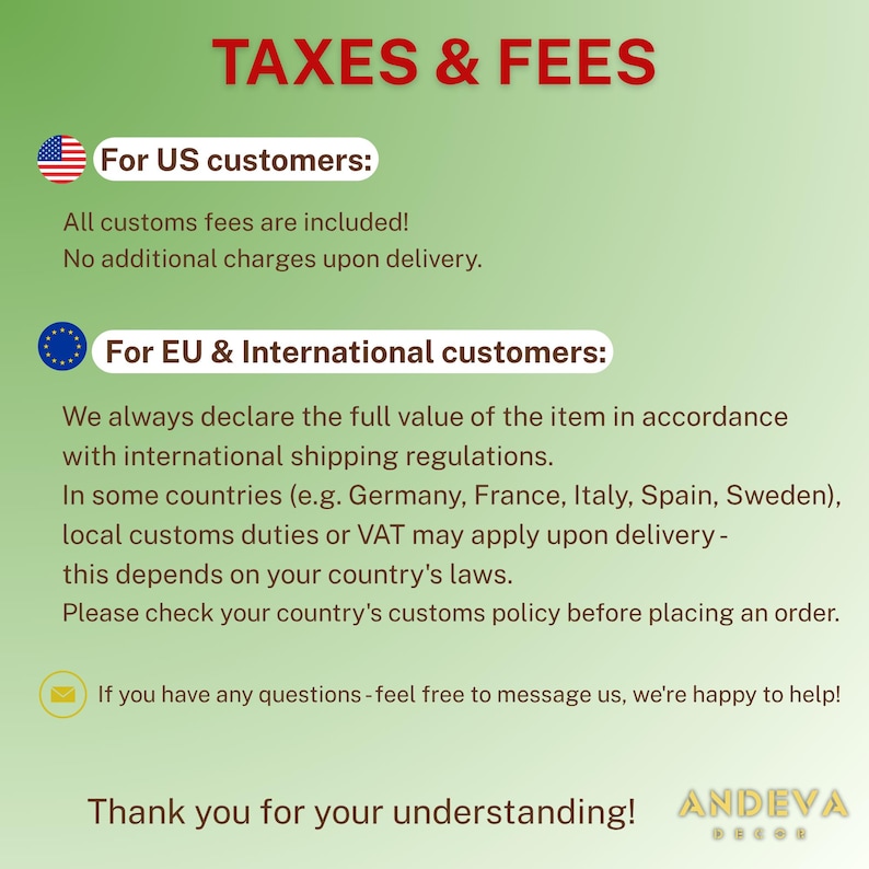 Peut inclure: Image avec le texte "TAXES & FEES". Il fournit des informations pour les clients am&eacute;ricains, europ&eacute;ens et internationaux concernant les frais de douane et les r&eacute;glementations d'exp&eacute;dition internationale. L'image comprend la marque "ANDEVA".