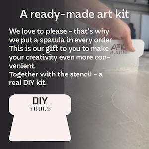 May include: A ready-made art kit with a white spatula and the text "DIY TOOLS". The spatula is being held over a surface. The text on the image says "We love to please - that's why we put a spatula in every order. This is our gift to you to make your creativity even more convenient."