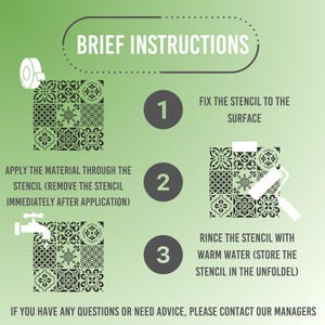 May include: Instructions for using a stencil, with steps numbered 1-3. The steps include fixing the stencil, applying material, and rinsing with warm water. The image has a green background and white text. The stencil design is black and white.