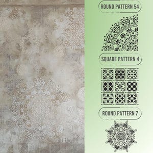 May include: A beige and white patterned wall with a variety of circular and square designs. The image also shows three stencil designs: "ROUND PATTERN 54", "SQUARE PATTERN 4", and "ROUND PATTERN 7".