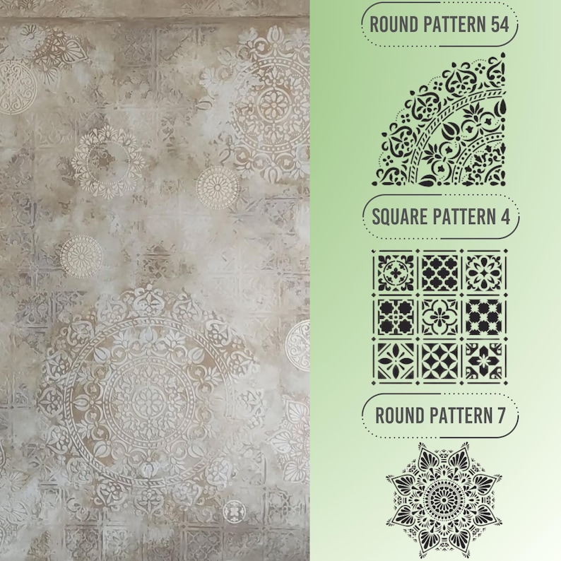 May include: A beige and white patterned wall with a variety of circular and square designs. The image also shows three stencil designs: "ROUND PATTERN 54", "SQUARE PATTERN 4", and "ROUND PATTERN 7".