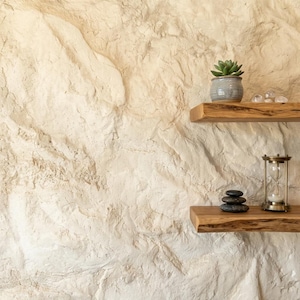 Peut inclure: Deux étagères en bois devant un mur en pierre clair. L'étagère supérieure contient une petite plante succulente en pot et des cristaux transparents. L'étagère inférieure présente une pile de pierres noires et un sablier en laiton.