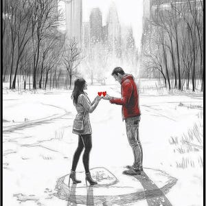 Posterizer 1 teilig - Paare, die Liebe am verschneiten Valentinstag austauschen - 2 - Romantische Kunst - Urlaub Poster Sammlung - Geschenk für Paare