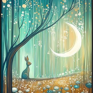 Posterizer 1 pieza - Escena surrealista de bosque con conejito bajo la luz de la luna 1 - Arte de fantasía y ficción - Arte para amantes de los animales