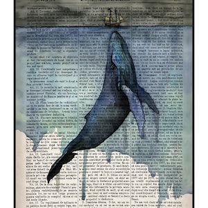 Posterizer 1 pieza - Impresión de diccionario de ballenas y barcos - Arte náutico costero - Arte para amantes de los animales - Decoración para dormitorio, oficina, sala de estar