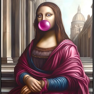 Posterizer 1 pcs - fun Mona Lisa art with pink bubble gum print 1 - Comedy Art - Vintage Art - Gift for Street Art, Mural Fans 
