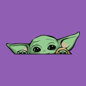 Peut inclure: Illustration de dessin animé d'un personnage vert ressemblant à un extraterrestre avec de grandes oreilles et des yeux noirs, regardant par-dessus une surface violette. Le personnage a une expression neutre et est rendu dans un style simple et épuré.