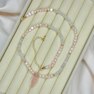 Freshwater Pearl and Rose Quartz Necklace with Pink Shell Pendant – Feminine Beaded Choker – Handmade Coastal Jewelry Gift