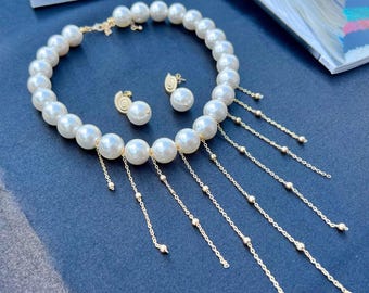 Elegant Pearl-Inspired Choker & Earring Set: Gold-Plated Shell Jewelry for Bridal and Special Occasions